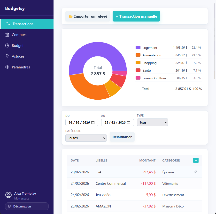 Budgetsy — vue transactions