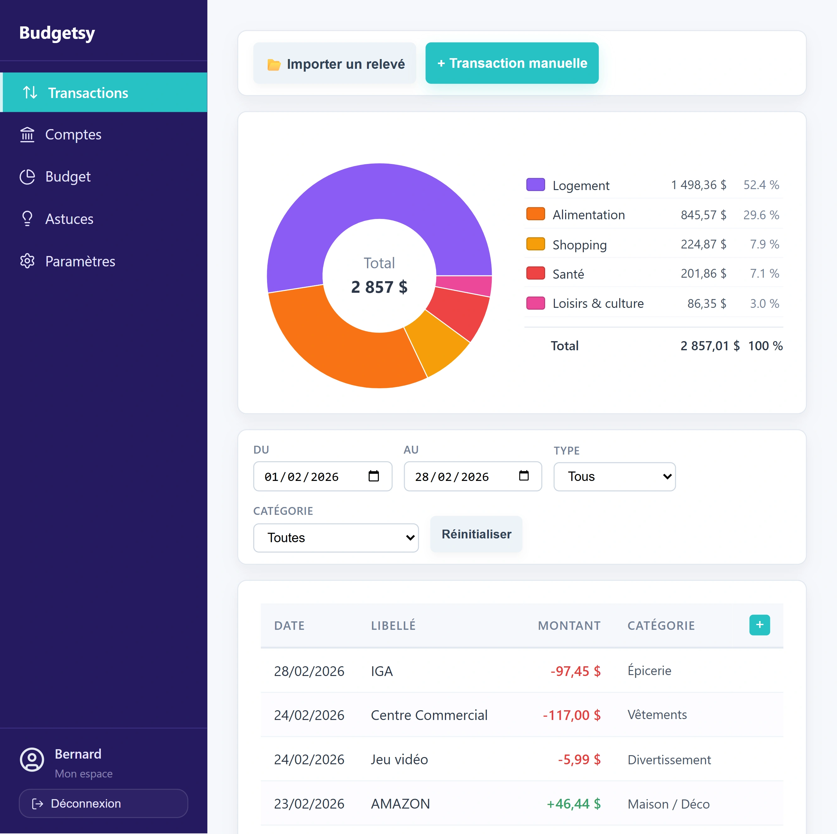 Budgetsy — vue transactions